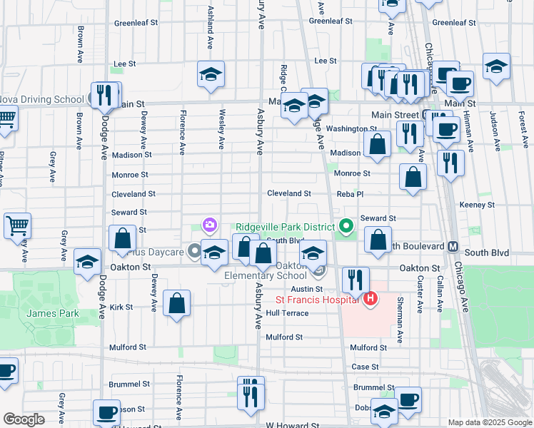 map of restaurants, bars, coffee shops, grocery stores, and more near 605 Asbury Avenue in Evanston