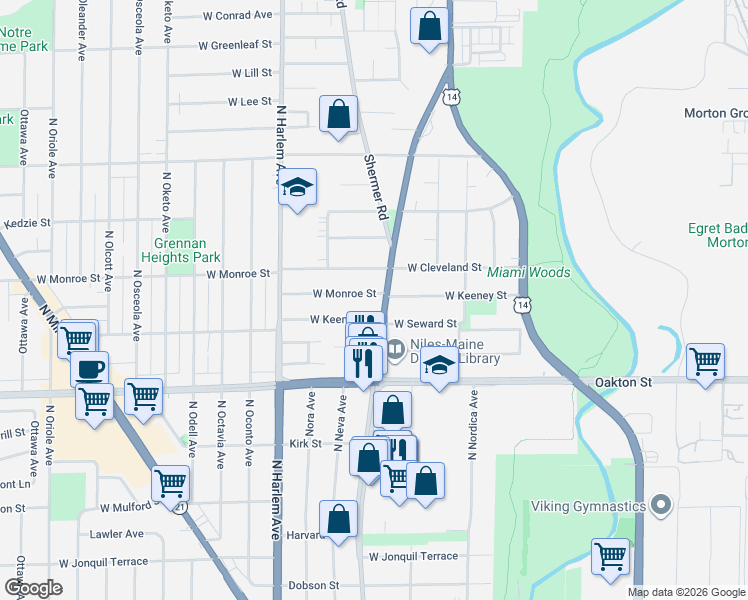 map of restaurants, bars, coffee shops, grocery stores, and more near 7022 West Keeney Street in Niles