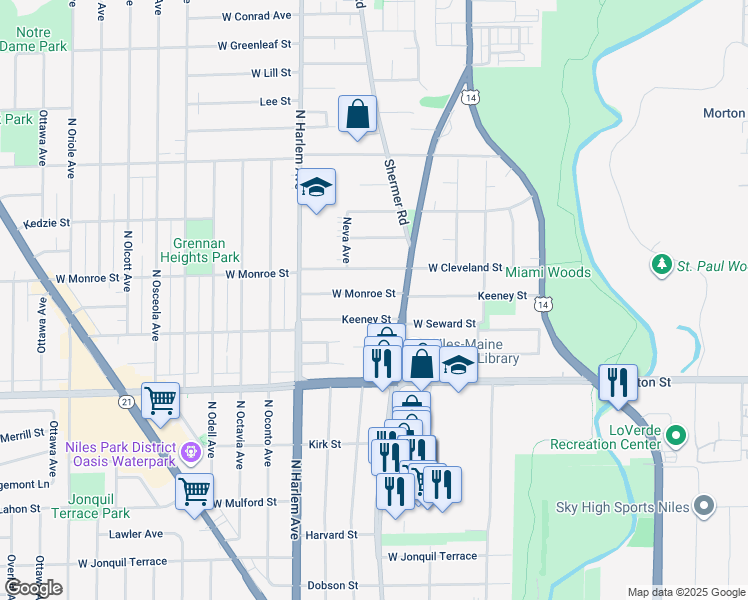 map of restaurants, bars, coffee shops, grocery stores, and more near 7022 West Keeney Street in Niles