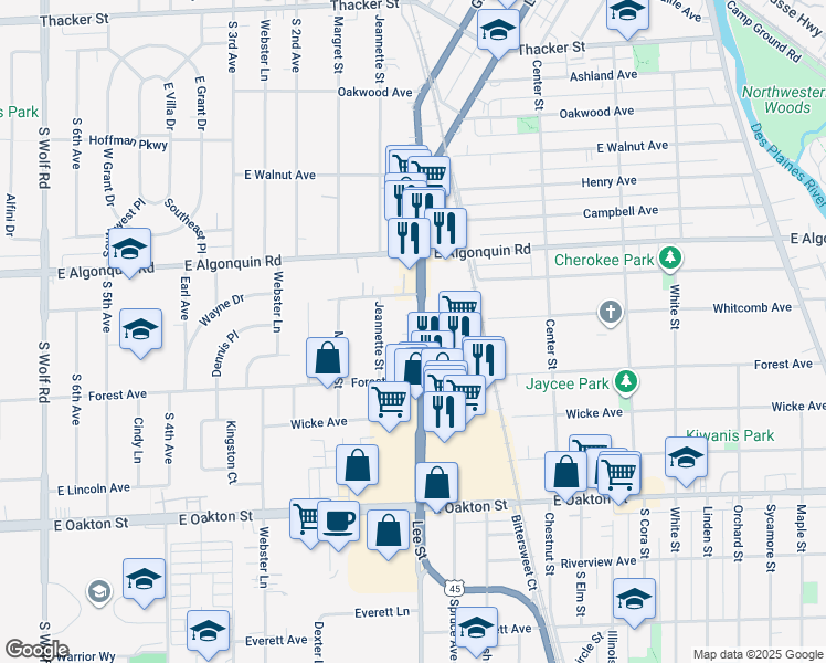 map of restaurants, bars, coffee shops, grocery stores, and more near in Des Plaines