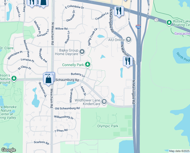 map of restaurants, bars, coffee shops, grocery stores, and more near 1650 Burberry Lane in Schaumburg