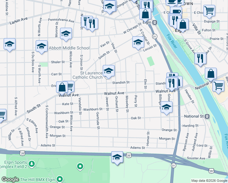 map of restaurants, bars, coffee shops, grocery stores, and more near 309 Orchard Street in Elgin