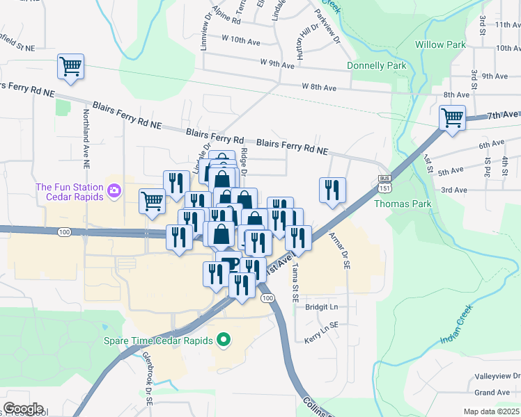 map of restaurants, bars, coffee shops, grocery stores, and more near 121 Southview Drive in Marion