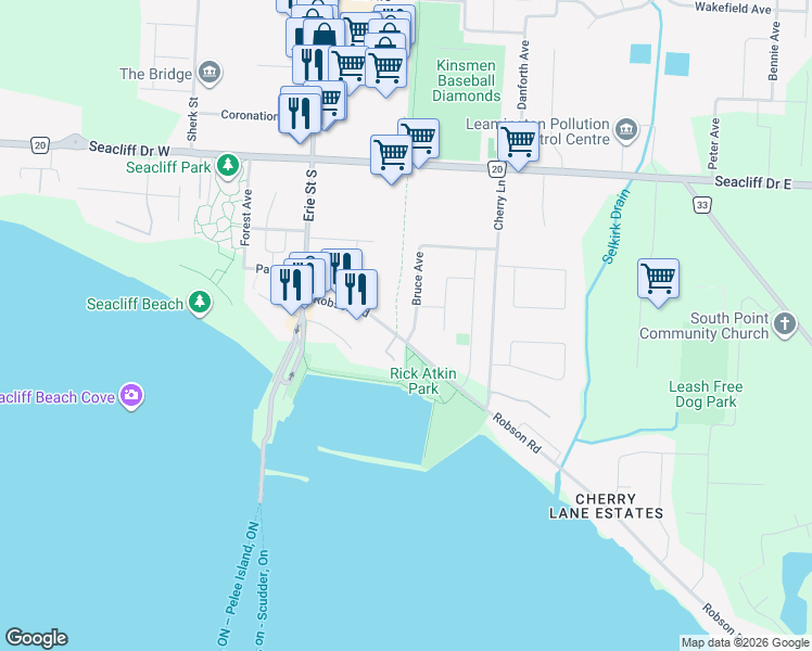 map of restaurants, bars, coffee shops, grocery stores, and more near 99 Robson Road in Essex County