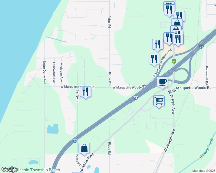 map of restaurants, bars, coffee shops, grocery stores, and more near 2958 West Marquette Woods Road in Stevensville