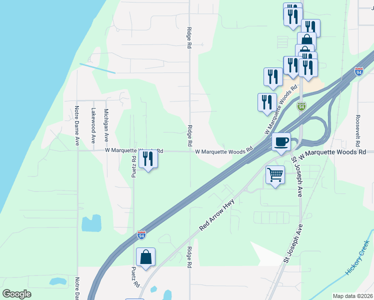 map of restaurants, bars, coffee shops, grocery stores, and more near 2907 West Marquette Woods Road in Stevensville