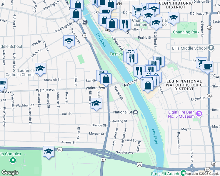 map of restaurants, bars, coffee shops, grocery stores, and more near 315 South State Street in Elgin