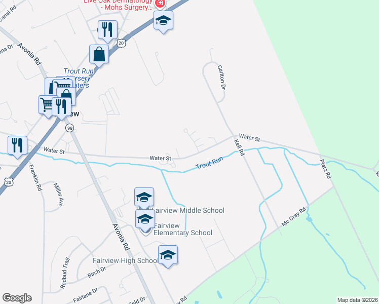 map of restaurants, bars, coffee shops, grocery stores, and more near 7374-7396 Water Street in Fairview