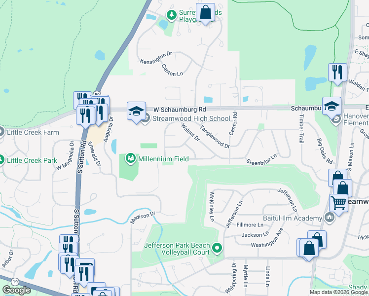 map of restaurants, bars, coffee shops, grocery stores, and more near 612 Deerfield Drive in Streamwood