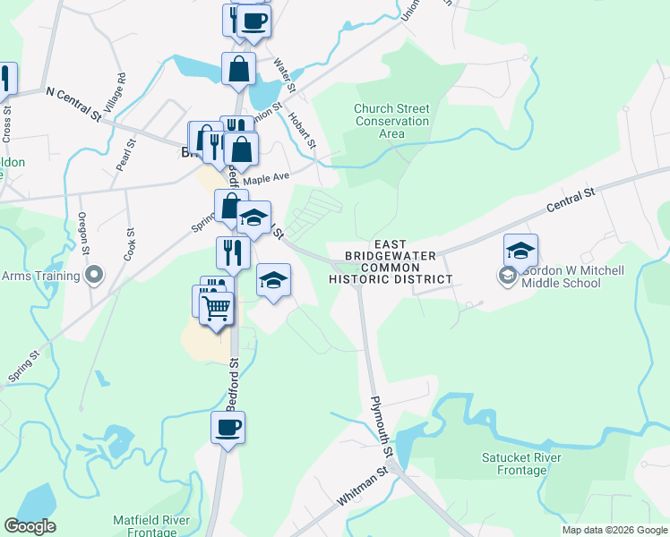 map of restaurants, bars, coffee shops, grocery stores, and more near 11 Plymouth Street in East Bridgewater