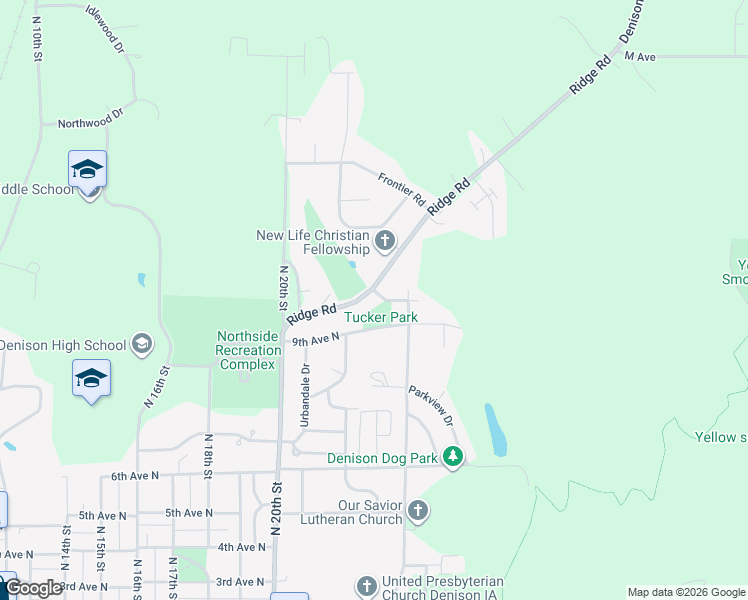 map of restaurants, bars, coffee shops, grocery stores, and more near 2200-2398 9th Avenue North in Denison