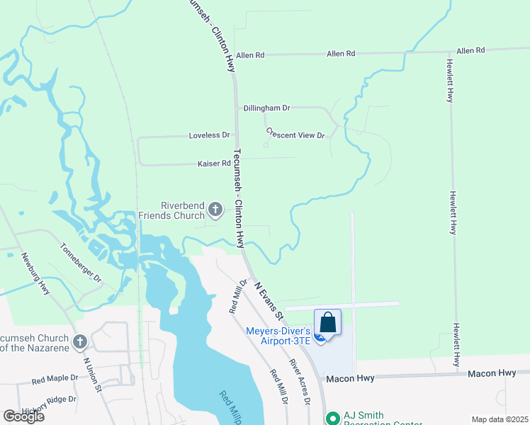 map of restaurants, bars, coffee shops, grocery stores, and more near 9501 Tecumseh - Clinton Highway in Tecumseh