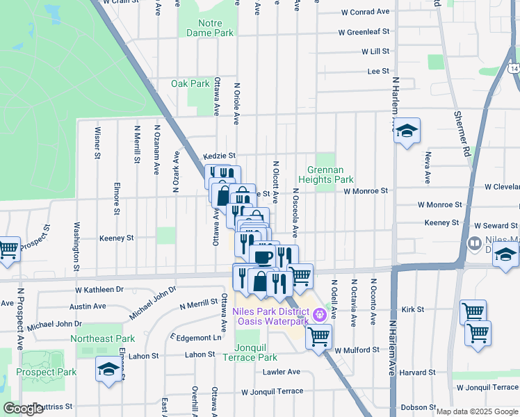 map of restaurants, bars, coffee shops, grocery stores, and more near 7513 West Cleveland Street in Niles