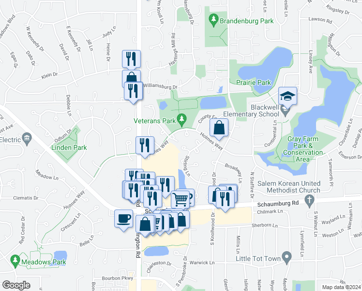 map of restaurants, bars, coffee shops, grocery stores, and more near 2406 Mallow Court in Schaumburg