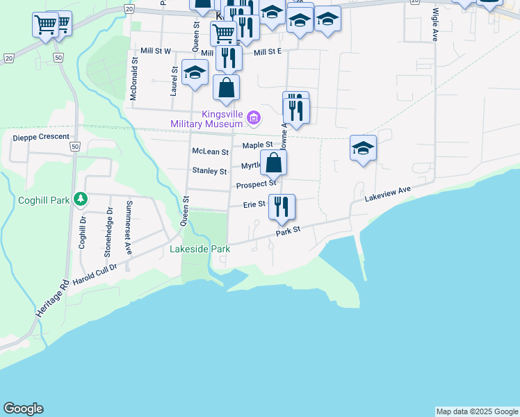map of restaurants, bars, coffee shops, grocery stores, and more near 37 Erie Street in Kingsville