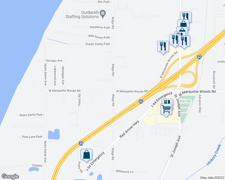 map of restaurants, bars, coffee shops, grocery stores, and more near 2905 West Marquette Woods Road in Stevensville