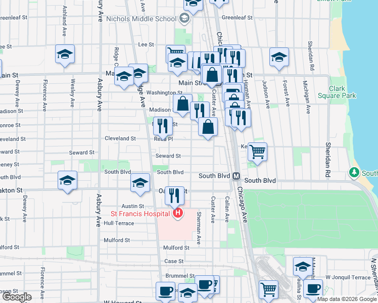 map of restaurants, bars, coffee shops, grocery stores, and more near 801 Seward Street in Evanston