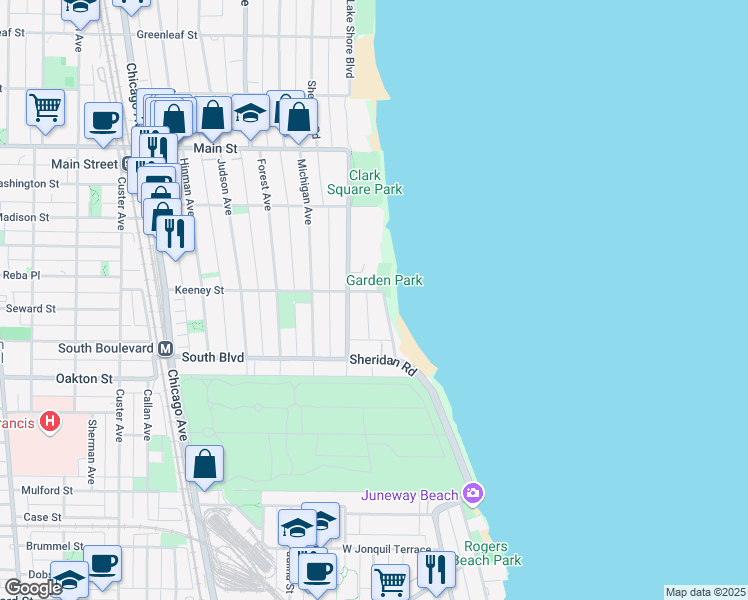 map of restaurants, bars, coffee shops, grocery stores, and more near 620 Sheridan Square in Evanston
