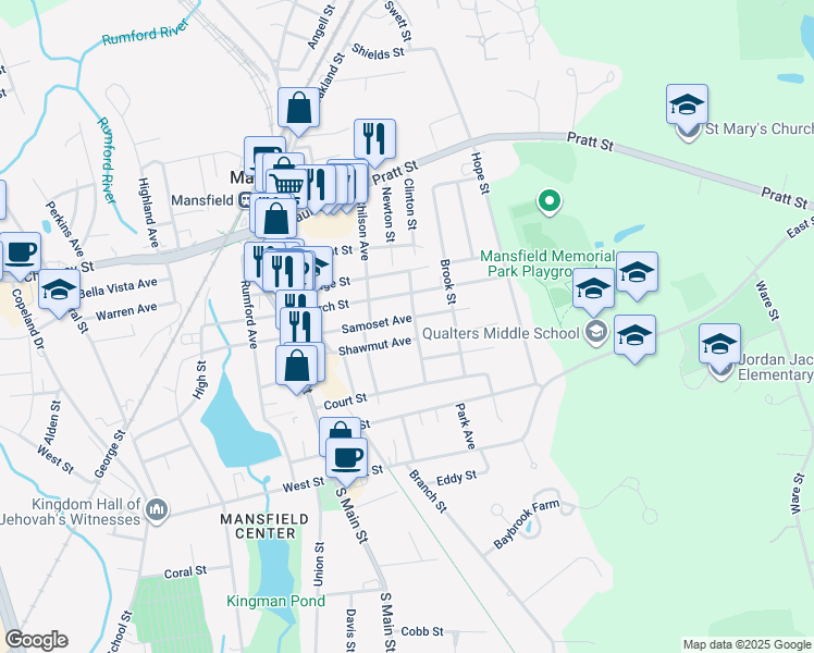 map of restaurants, bars, coffee shops, grocery stores, and more near 57 Shawmut Avenue in Mansfield
