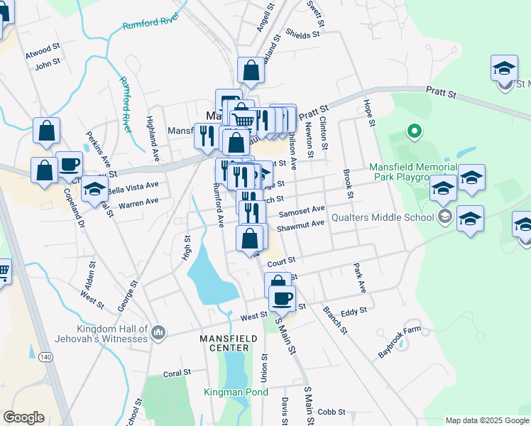map of restaurants, bars, coffee shops, grocery stores, and more near 26 Bristol Street in Mansfield