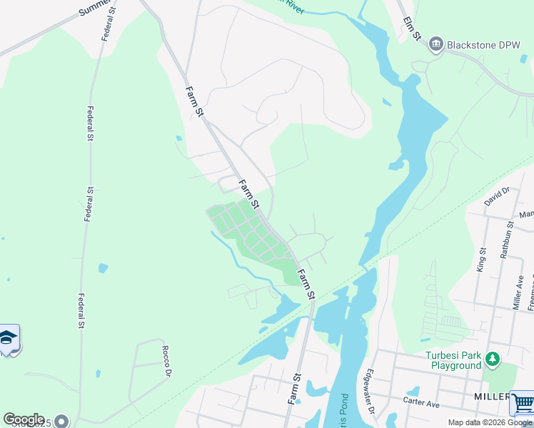 map of restaurants, bars, coffee shops, grocery stores, and more near 102 Farm Street in Blackstone