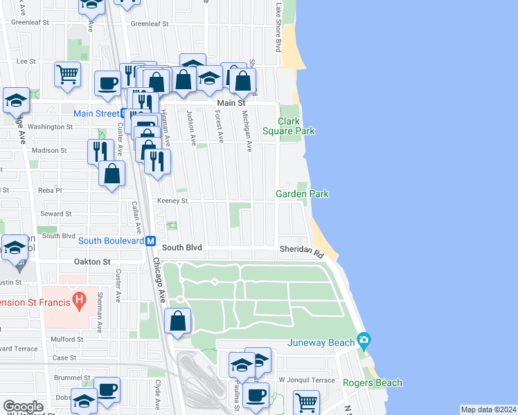 map of restaurants, bars, coffee shops, grocery stores, and more near 555 Michigan Avenue in Evanston