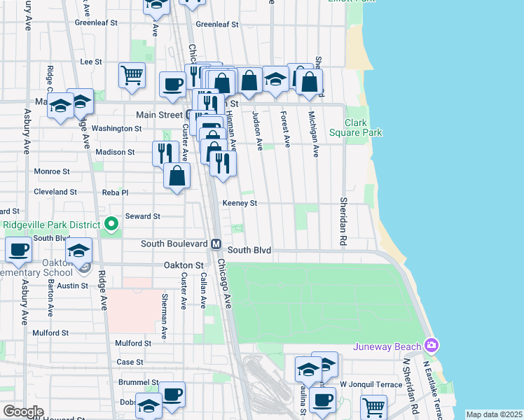 map of restaurants, bars, coffee shops, grocery stores, and more near 608 Judson Avenue in Evanston
