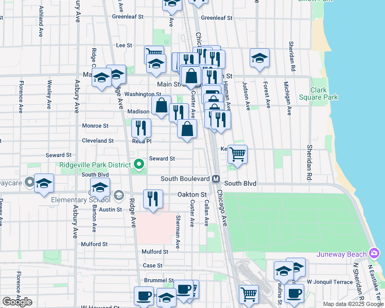 map of restaurants, bars, coffee shops, grocery stores, and more near 710 Seward Street in Evanston