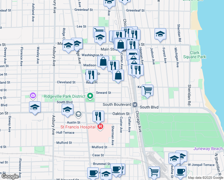 map of restaurants, bars, coffee shops, grocery stores, and more near 710 Seward Street in Evanston