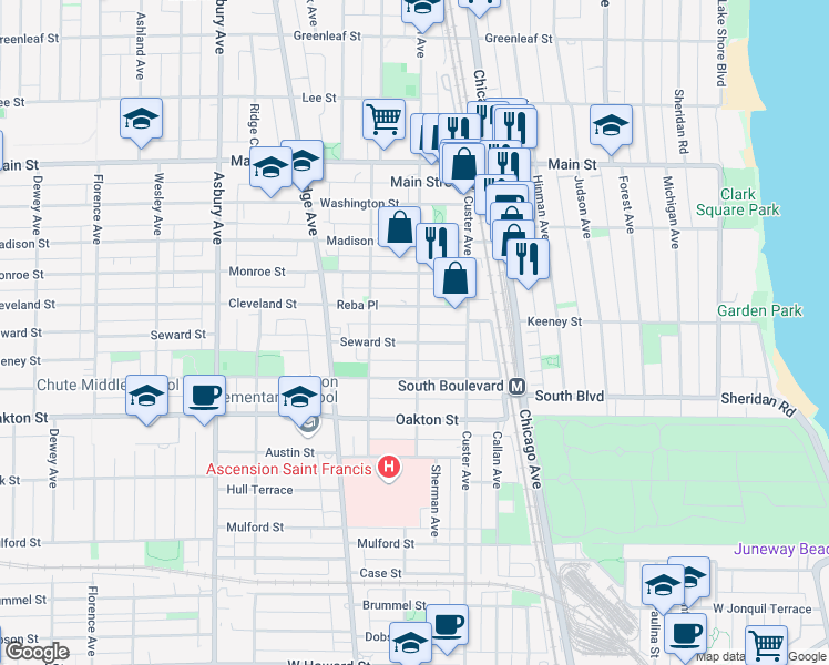 map of restaurants, bars, coffee shops, grocery stores, and more near 800 Seward Street in Evanston