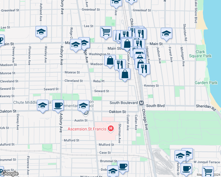 map of restaurants, bars, coffee shops, grocery stores, and more near 802 Seward Street in Evanston