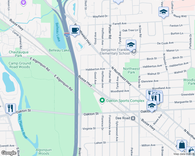map of restaurants, bars, coffee shops, grocery stores, and more near 1200 Good Avenue in Park Ridge
