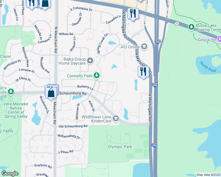 map of restaurants, bars, coffee shops, grocery stores, and more near 1650 Burberry Lane in Schaumburg