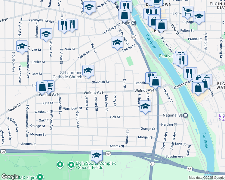 map of restaurants, bars, coffee shops, grocery stores, and more near 313 Perry Street in Elgin