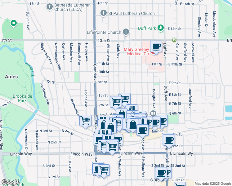 map of restaurants, bars, coffee shops, grocery stores, and more near 716 Wilson Avenue in Ames