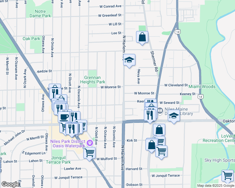 map of restaurants, bars, coffee shops, grocery stores, and more near 8114 North Harlem Avenue in Niles