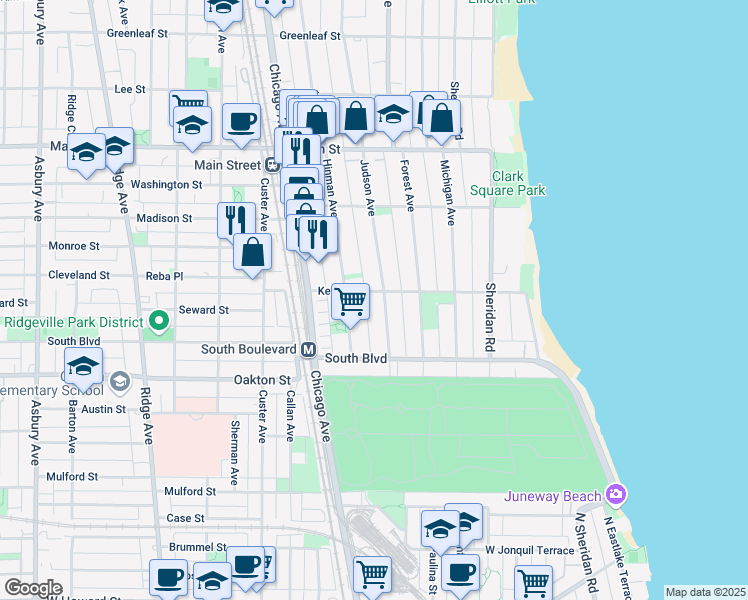 map of restaurants, bars, coffee shops, grocery stores, and more near 608 Judson Avenue in Evanston
