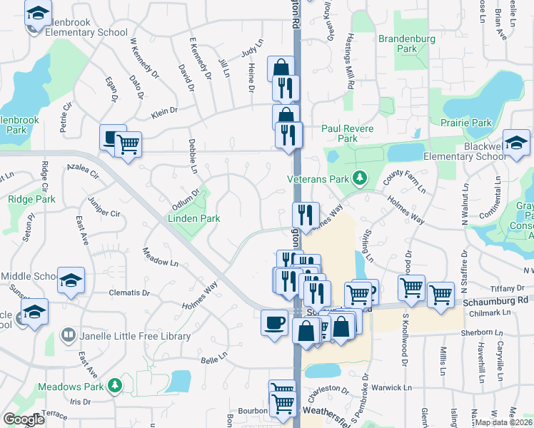map of restaurants, bars, coffee shops, grocery stores, and more near 228 Meribel Court in Schaumburg