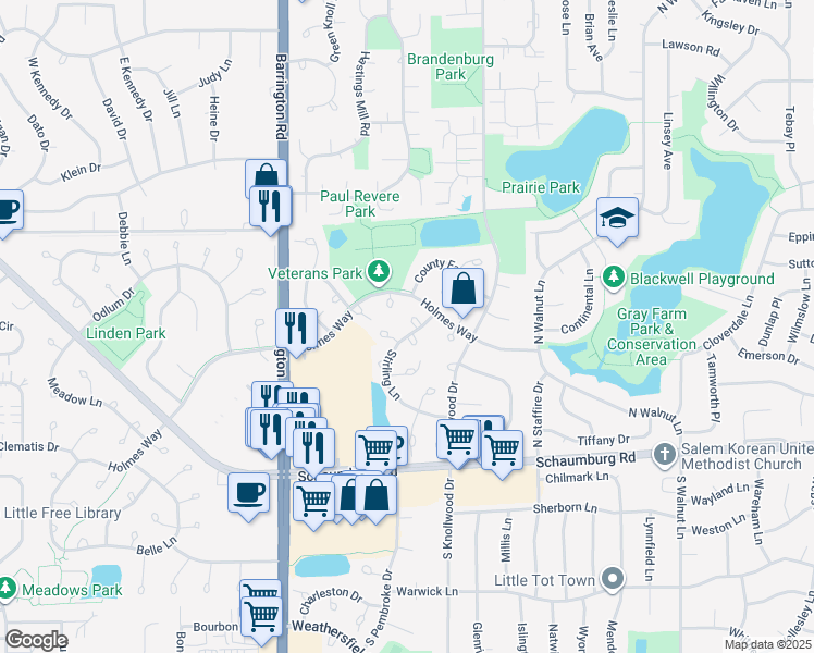 map of restaurants, bars, coffee shops, grocery stores, and more near 133 Stirling Lane in Schaumburg