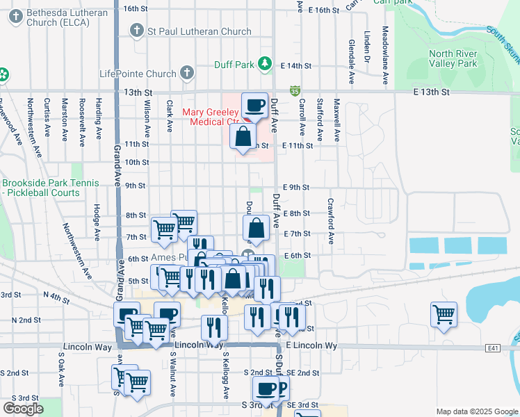 map of restaurants, bars, coffee shops, grocery stores, and more near 714 Douglas Avenue in Ames