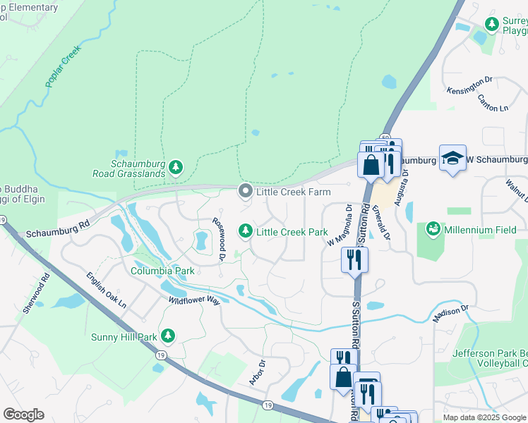 map of restaurants, bars, coffee shops, grocery stores, and more near 10 White Fence Trail in Streamwood