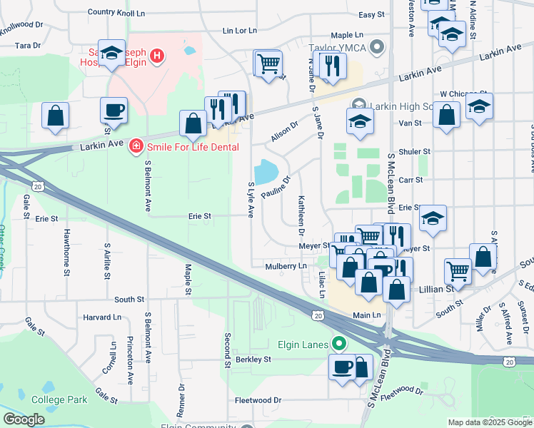 map of restaurants, bars, coffee shops, grocery stores, and more near 185 Pauline Drive in Elgin