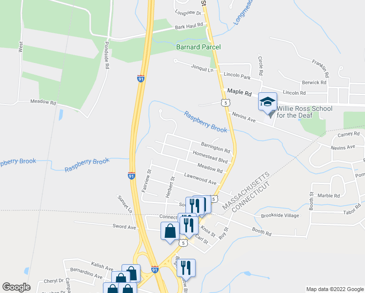 map of restaurants, bars, coffee shops, grocery stores, and more near 120 Homestead Boulevard in Longmeadow