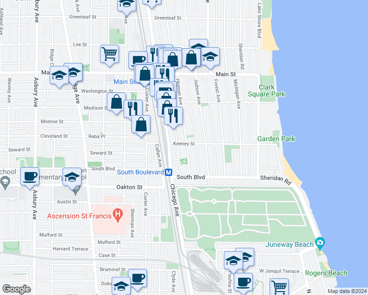 map of restaurants, bars, coffee shops, grocery stores, and more near 624 Hinman Avenue in Evanston