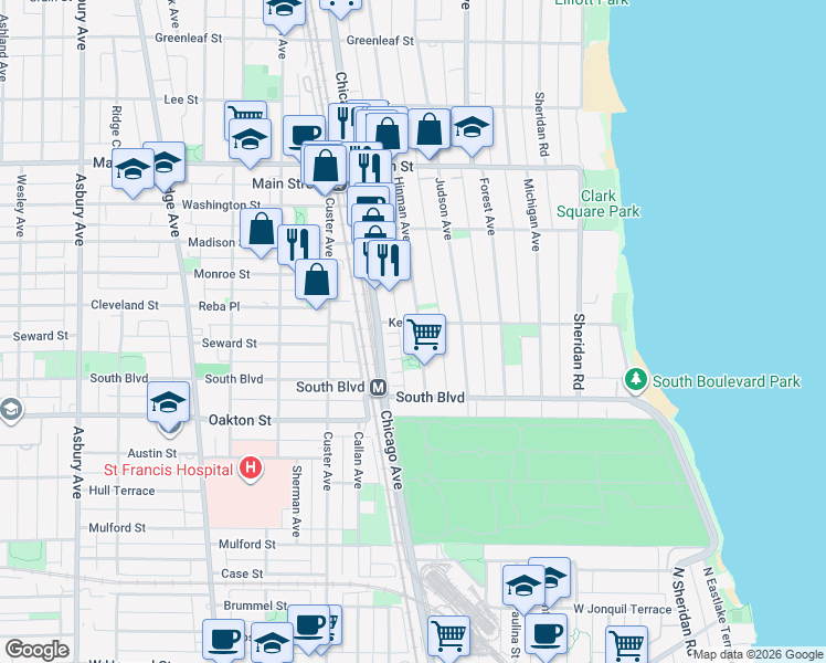 map of restaurants, bars, coffee shops, grocery stores, and more near 551 Hinman Avenue in Evanston