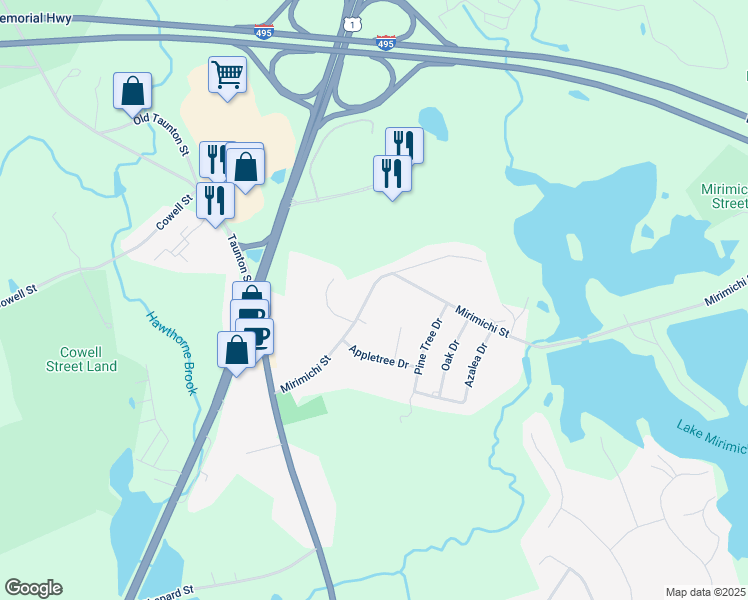 map of restaurants, bars, coffee shops, grocery stores, and more near 17 Mirimichi Street in Plainville