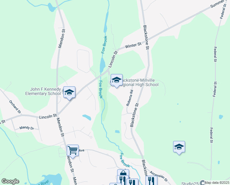 map of restaurants, bars, coffee shops, grocery stores, and more near 175 Lincoln Street in Blackstone