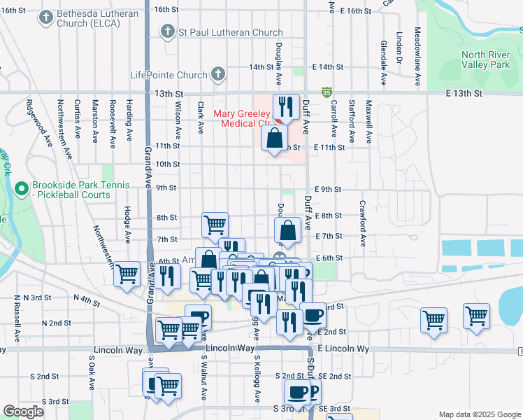 map of restaurants, bars, coffee shops, grocery stores, and more near 804 Kellogg Avenue in Ames
