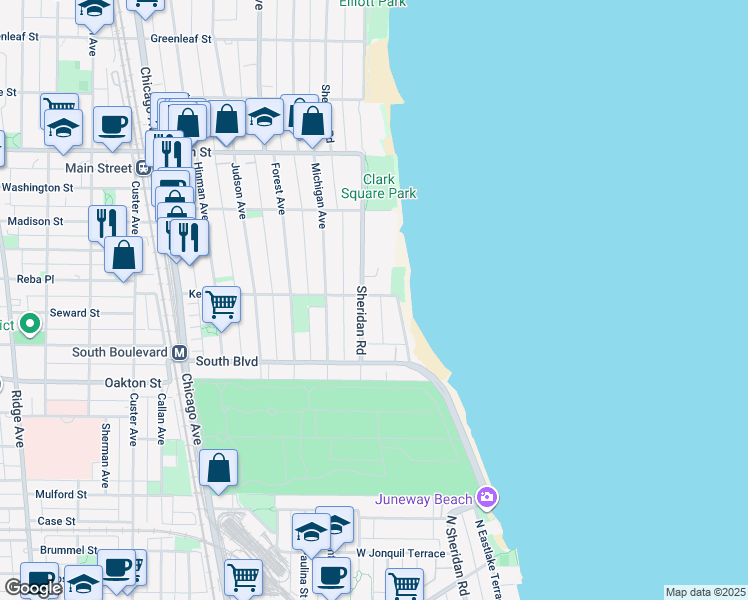 map of restaurants, bars, coffee shops, grocery stores, and more near 551 Sheridan Road in Evanston