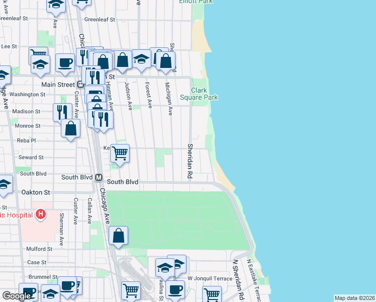 map of restaurants, bars, coffee shops, grocery stores, and more near 551 Sheridan Road in Evanston